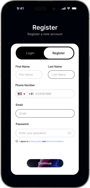 Mobile screen showing the process of Account Registration